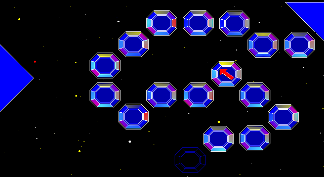 A crumbling bridge in space made out of blue hexagons with coloured sides; one of them has a large red arrow on it indicating which direction to go