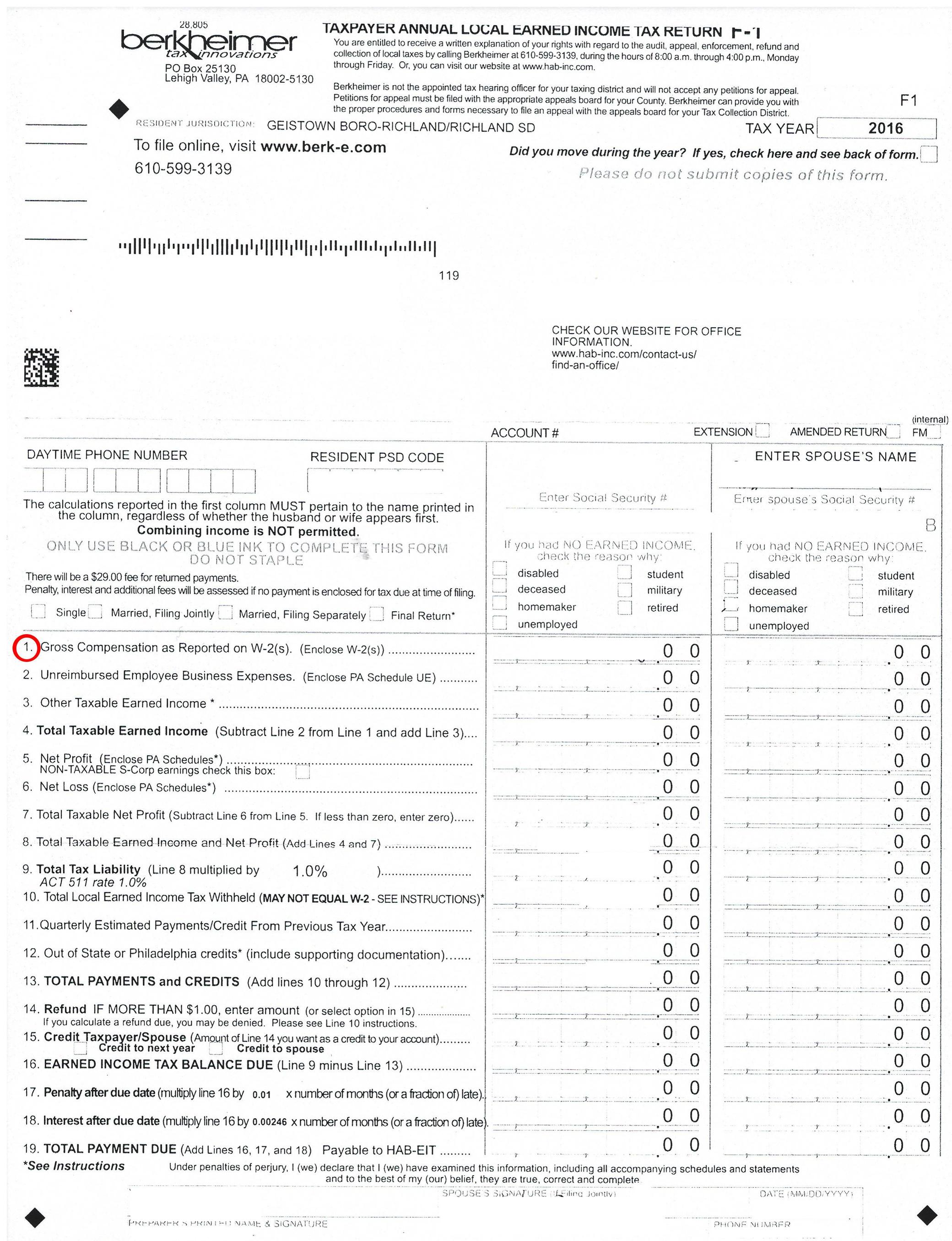 Berkheimer Taxpayer Annual Local Earned Income Tax Return F-1 Form (edited)