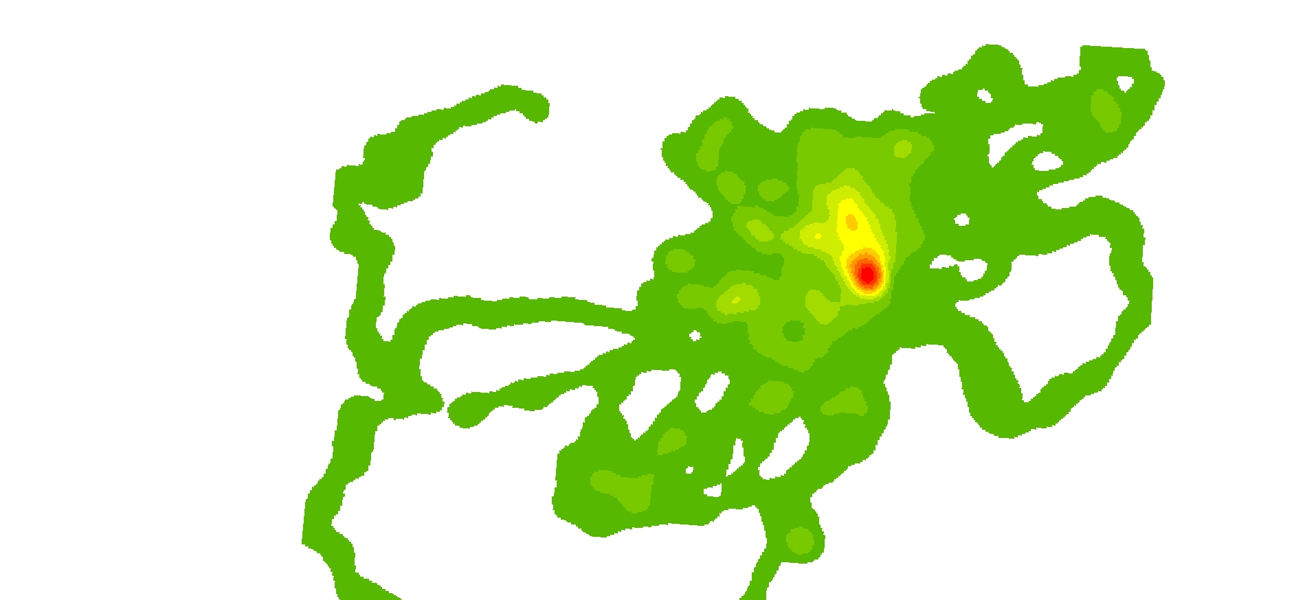 Kerenel Density Analysis (dark green (10%) to red (90%)