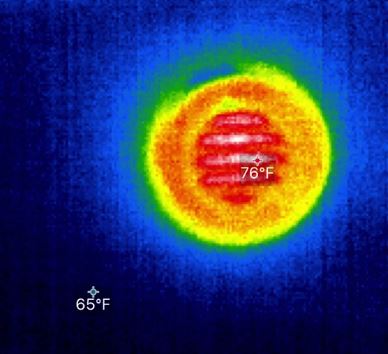 Thermal camera image showing center of light fixture at 76F and surroundings at 65F