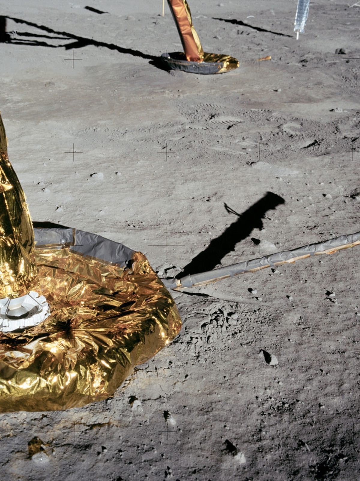 Apollo photograph: surface of the moon, with the Apollo lander casting shadows