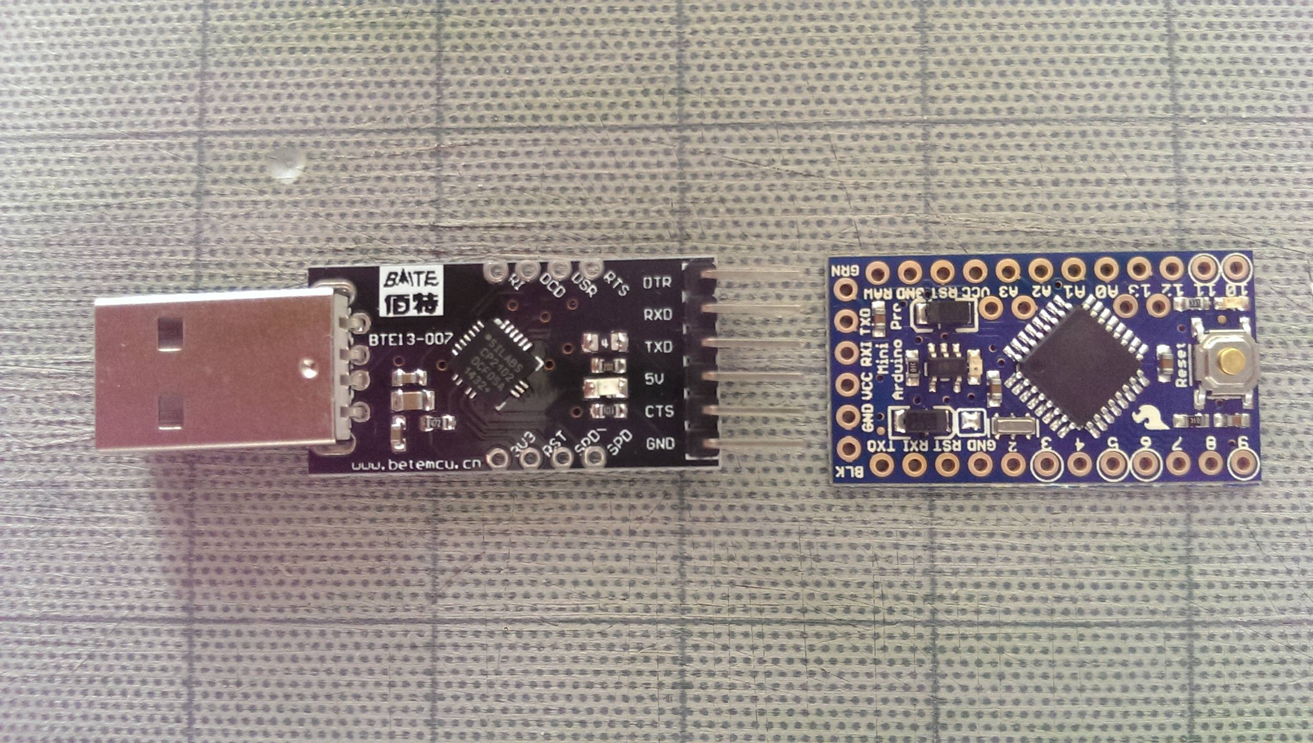 USB/TTL converter face to face with Arduino Pro Mini