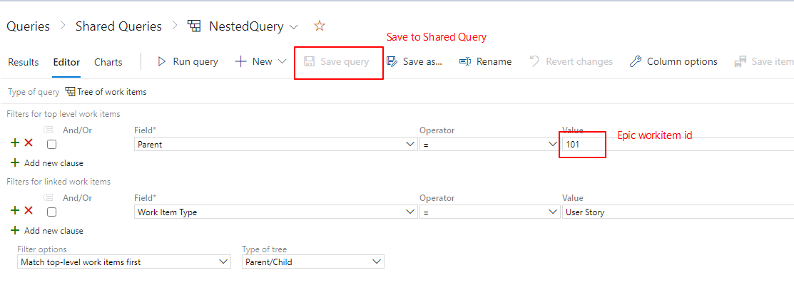 In Azure Devops can I query the child of child work items and publish ...