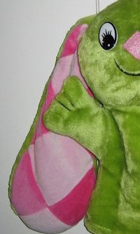 cropped image of Kockásfülű Nyúl toy's ear showing argyle pattern