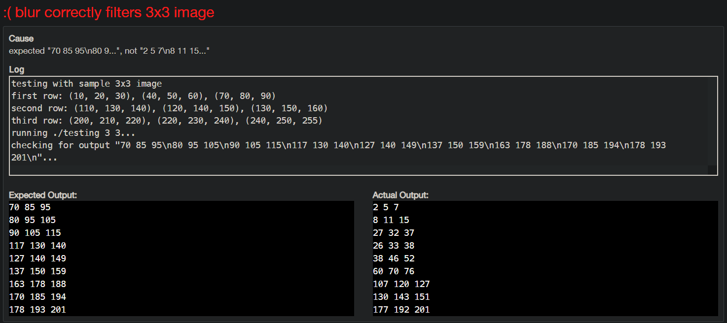 check50 automated test results for 3x3 image