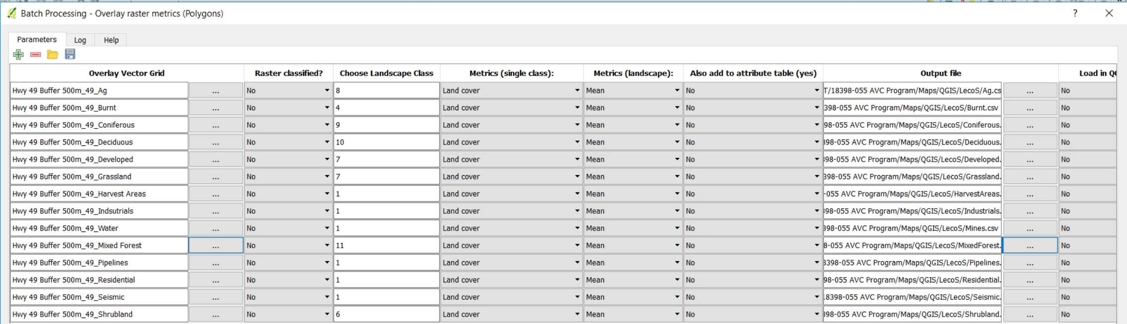 Screenshot of LecoS tools Batch Processing - Overlay Raster Metrics