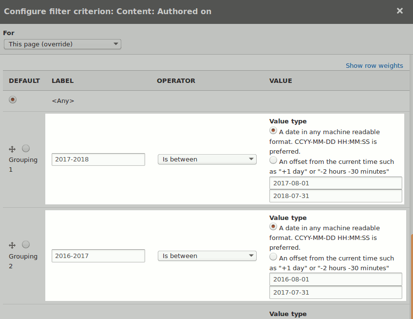 Academic year grouped exposed filter