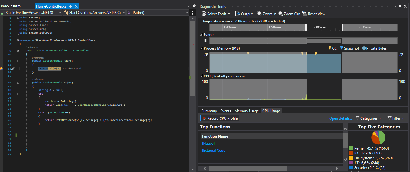 Ver que al poner breakpoint, la solapa de CPU se completa