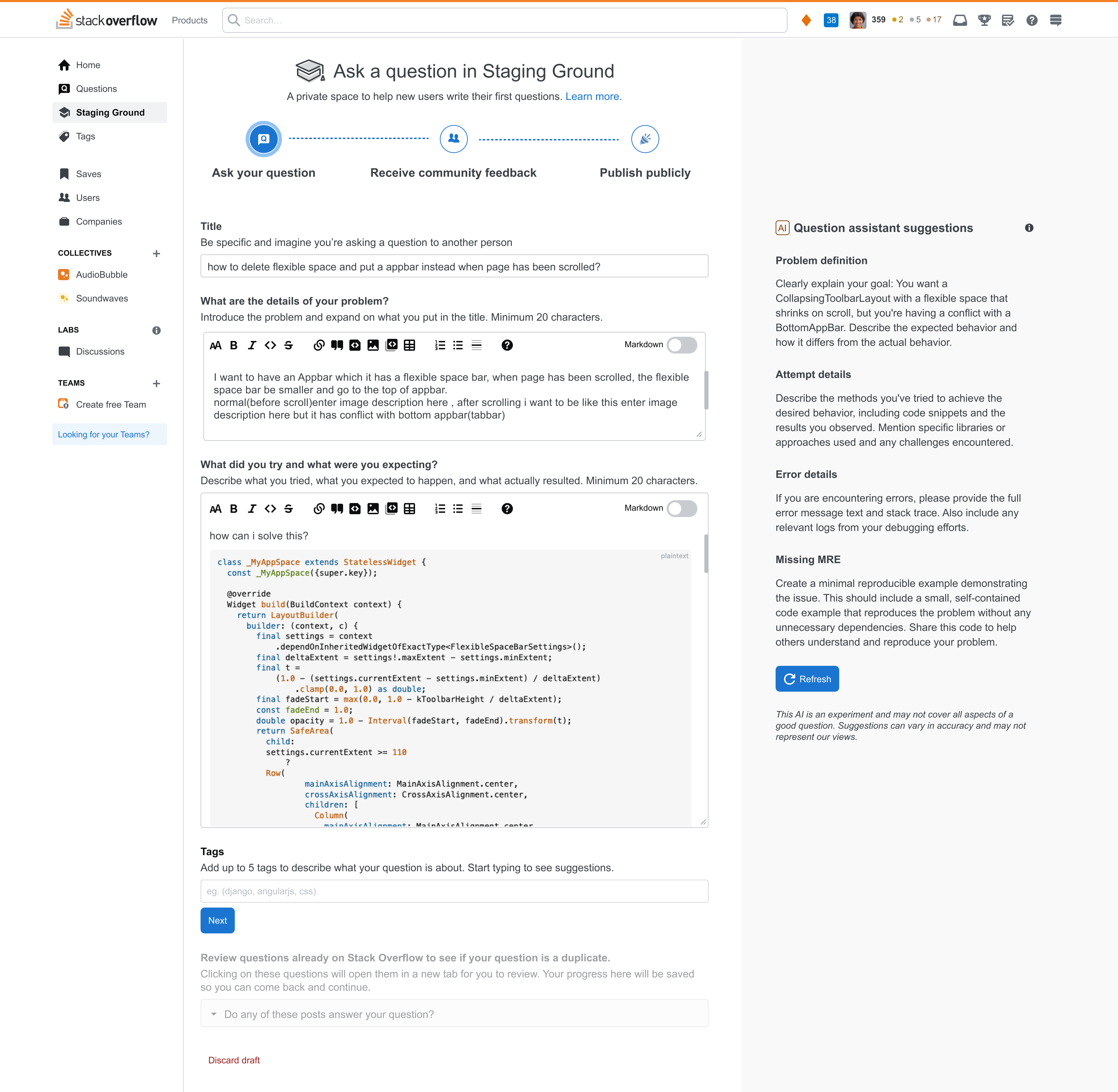 page showing a staging ground question draft with Question Assistant suggestions in the right sidebar