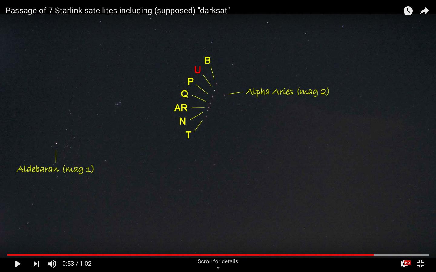 screenshot from Thierry Legault's Passage of 7 Starlink satellites including (supposed) "darksat"