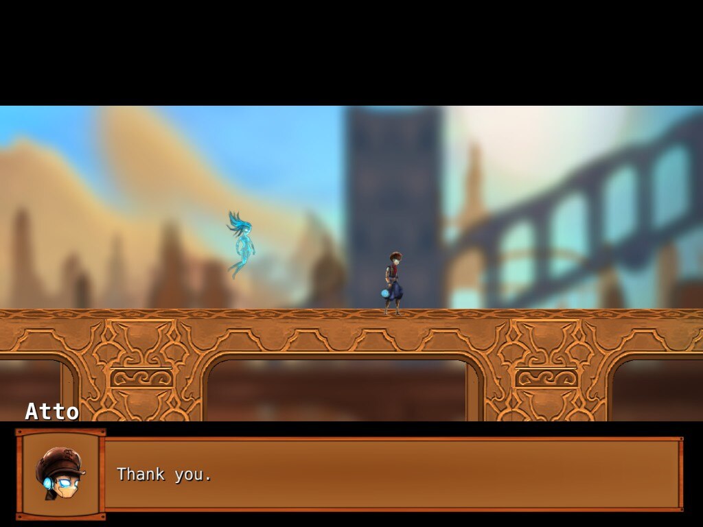 A screenshot of a steampunk looking environment. The main character is a young mechanical boy called Atto. He can be seen saying thank you to the spirit from within his clock named Milli.