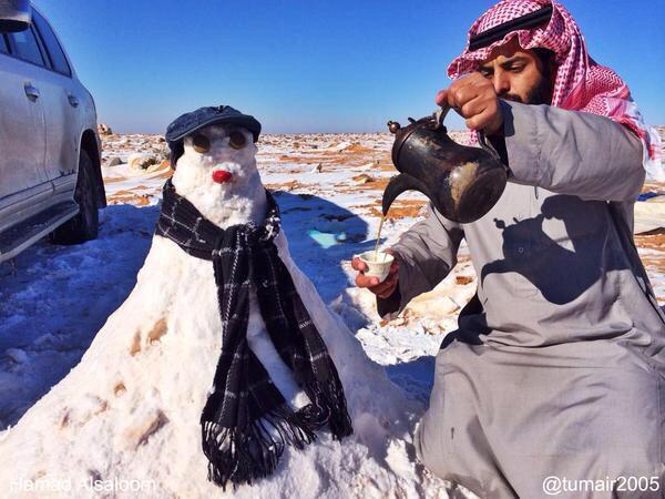 Snowman being served coffee