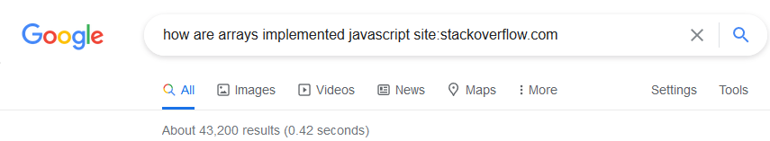 Google search screenshot listing 43200 results for the term "how are arrays implemented javascript site:stackoverflow.com"