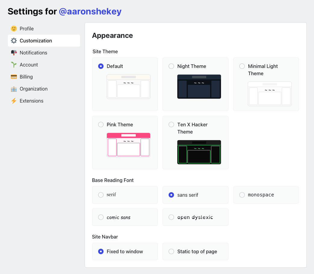 Screenshot of dev.to's user settings page with options for different site themes, font choices, and navigation bar. Base reading font choices include serif, sans serif, monospace, comic sans, and open dyslexic