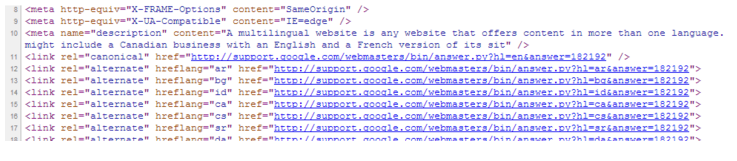 HTML source code showing link elements with hreflang and rel-alternate