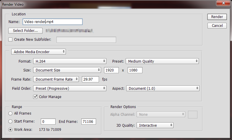 Photoshop CC Render Video dialog