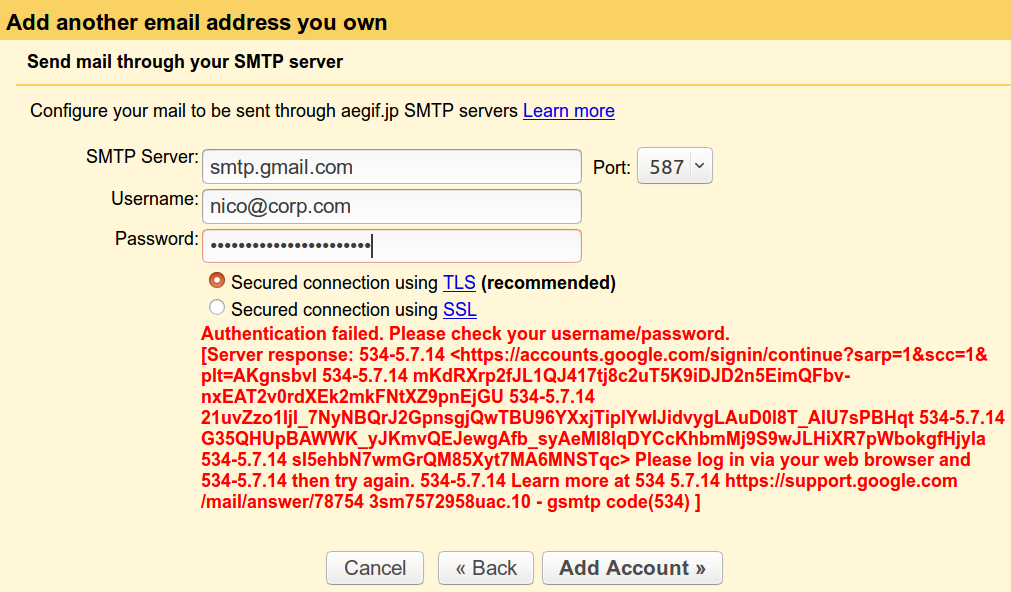 Add another email address you own: Authentication failed. Please check your username/password.