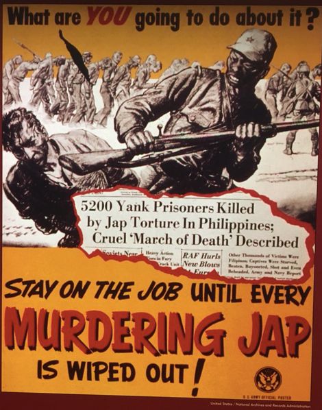 Poster with title "What are you going to do about it?", newspaper clipping with title "5200 Yank Prisoners Killed by Jap Torture In Philippines; Cruel 'March of Death' Described", and subtitle "Stay on the job until every murdering jap is wiped out!"