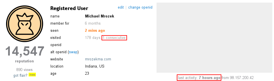 Screenshot of my user page, with 1 consecutive day and last activity 7 hours ago