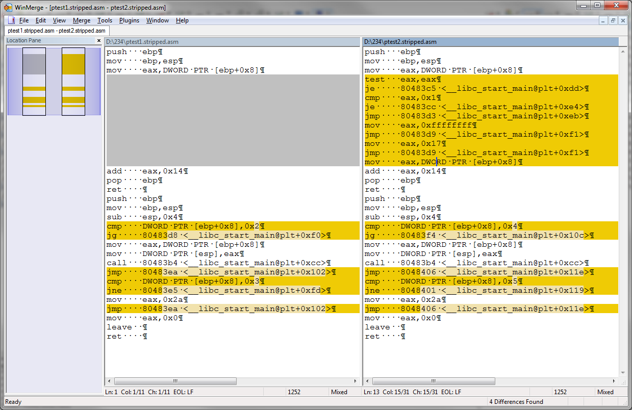 WinMerge of the disassembly created with objdump