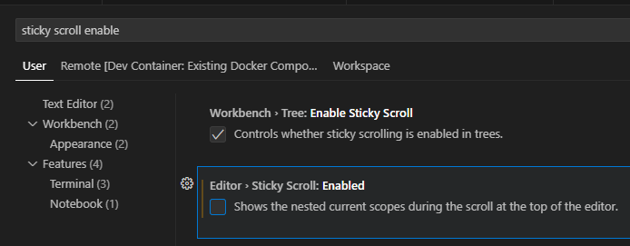 sticky scroll enable/disable