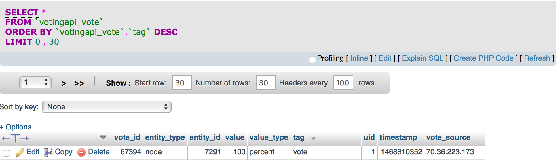 see screenshot of database showing vote example, entered directly on d7 site, saved correctly. It does not register my second vote through the API.