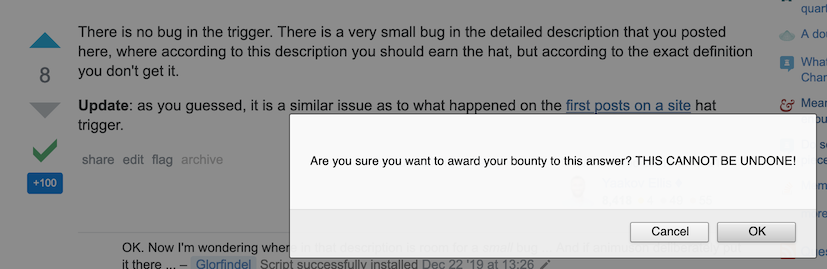 The first warning asks if the user is sure they want to award the bounty because the action can't be undone.