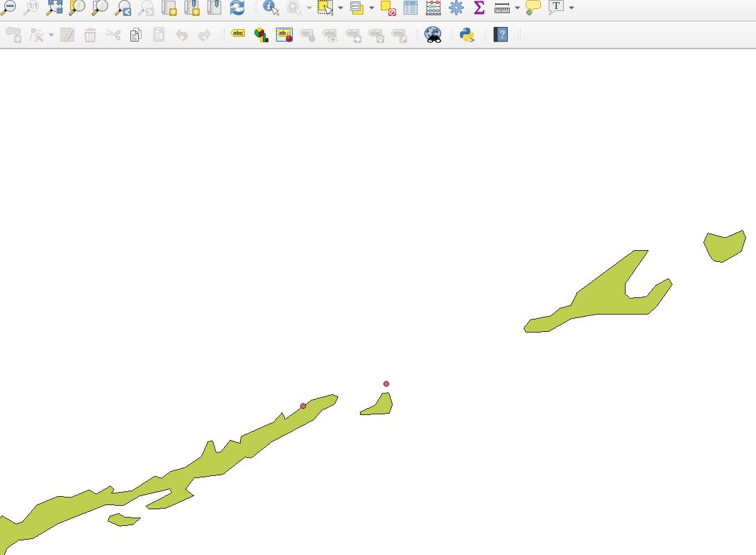 QGIS map that clearly shows 1 of the 2 points outside of country polygon