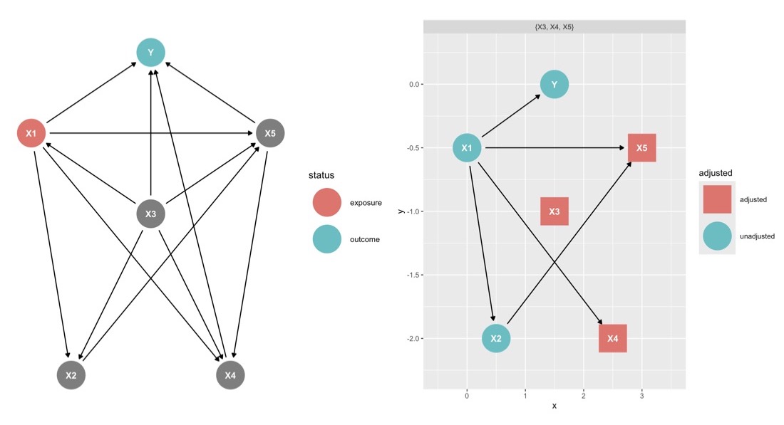 Dag for the direct effect of X1 on Y and minimal adjustment set to estimate that effect