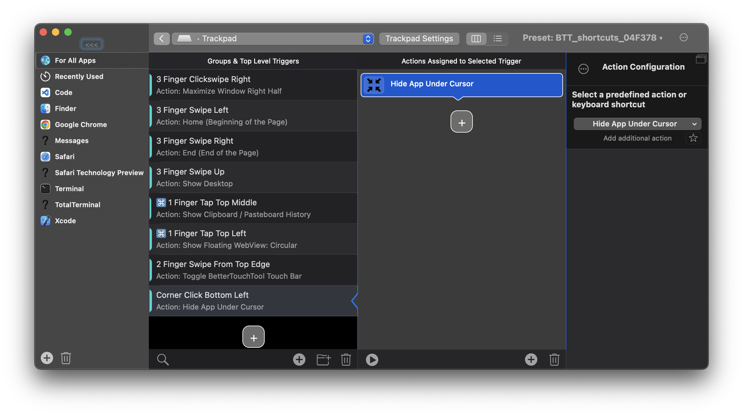 Better Touch Tool with Hide app Under Cursor action