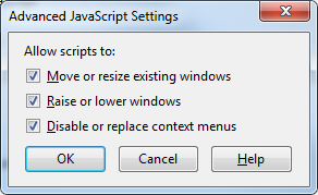 高级 JavaScript 设置清楚地显示“移动或调整现有窗口大小”选项已选中