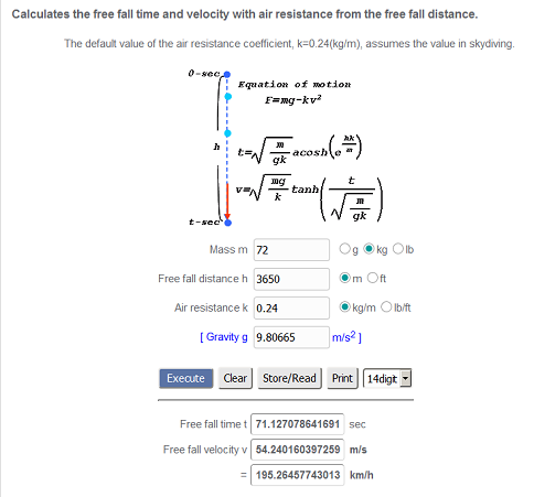 screenshot of fall time calculation from an online calculator with inputs set as 72kg mass, 3650m free fall distance, air resistance of 0.24 kg/m and acceleration due to gravity of 9.80665