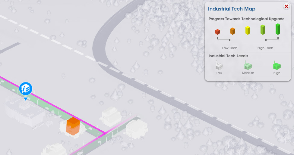 Screenshot of SimCity with purple lines in "Industrial Tech Map"