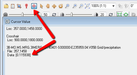 Arrows point to crosshair tool and pixel data value