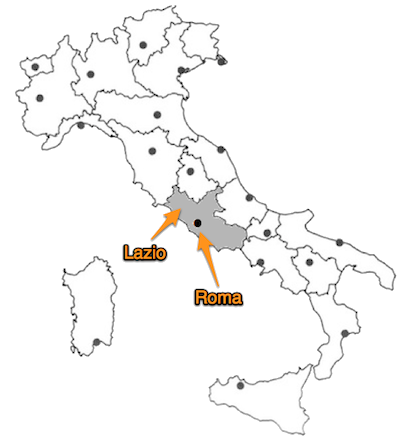 Map of modern Italy, indicating Roma and it surrounding region, Lazio