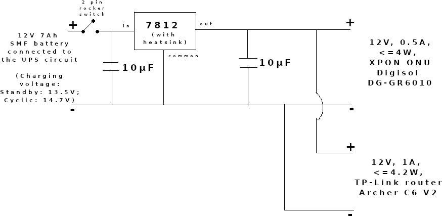 Circuit diagram of connecting 12 volts DC jacks to desktop UPS