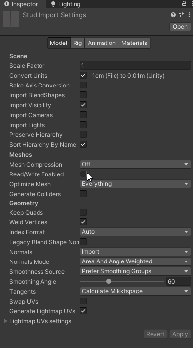 Model import settings inspector - Model tab