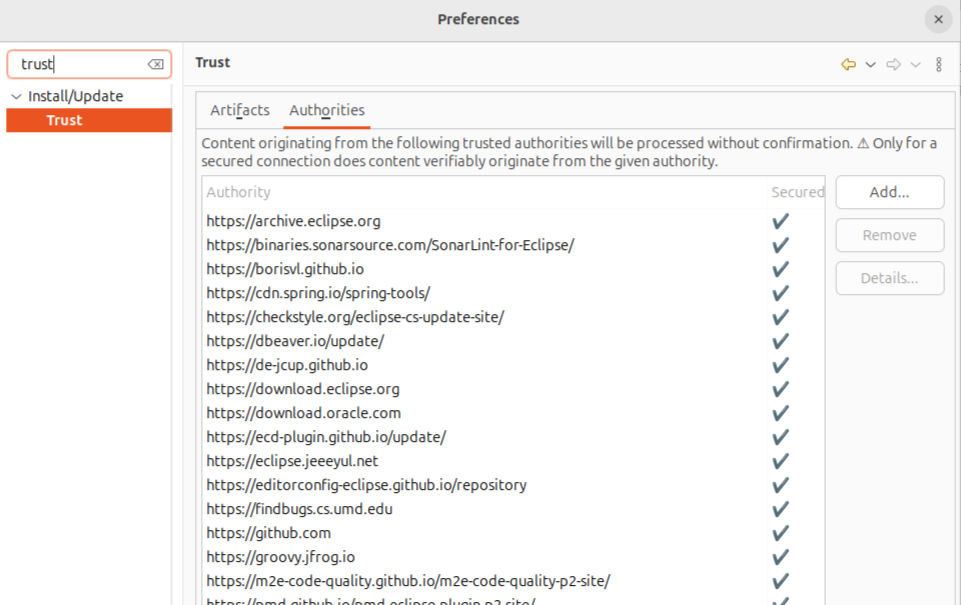 Eclipse preferences with authorities