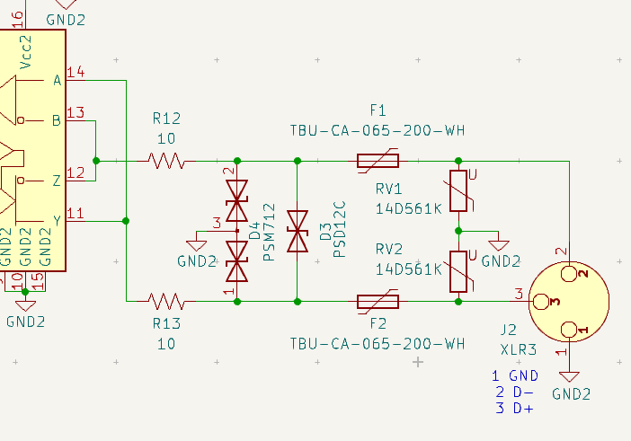 Schematic of ESD and surge surpressor network consisting of MOVs, TBUs and TVS diodes as well as 2 MELF resistors