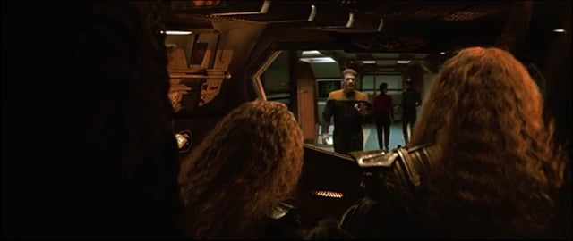 Image of Lursa and B'Etor viewing the interior of the Enterprise-D on the main viewscreen of their Bird-of-Prey, from "Star Trek: Generations" (1994).