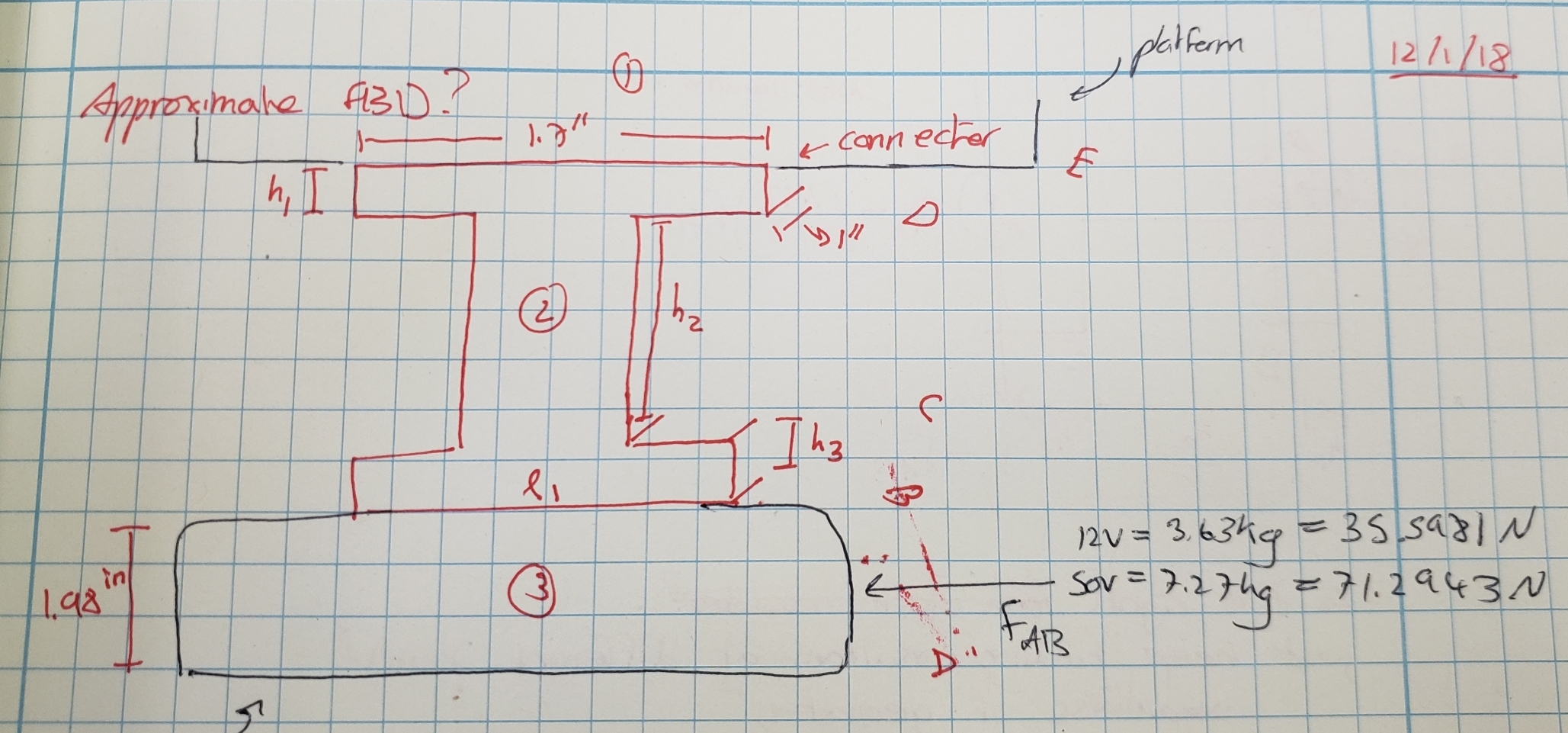 Bodies 1, 2 and 3 connected (maybe bolts) at lines B and E