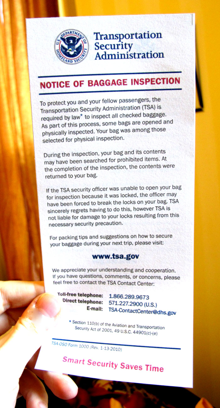 Aviso de inspección de equipaje de la TSA