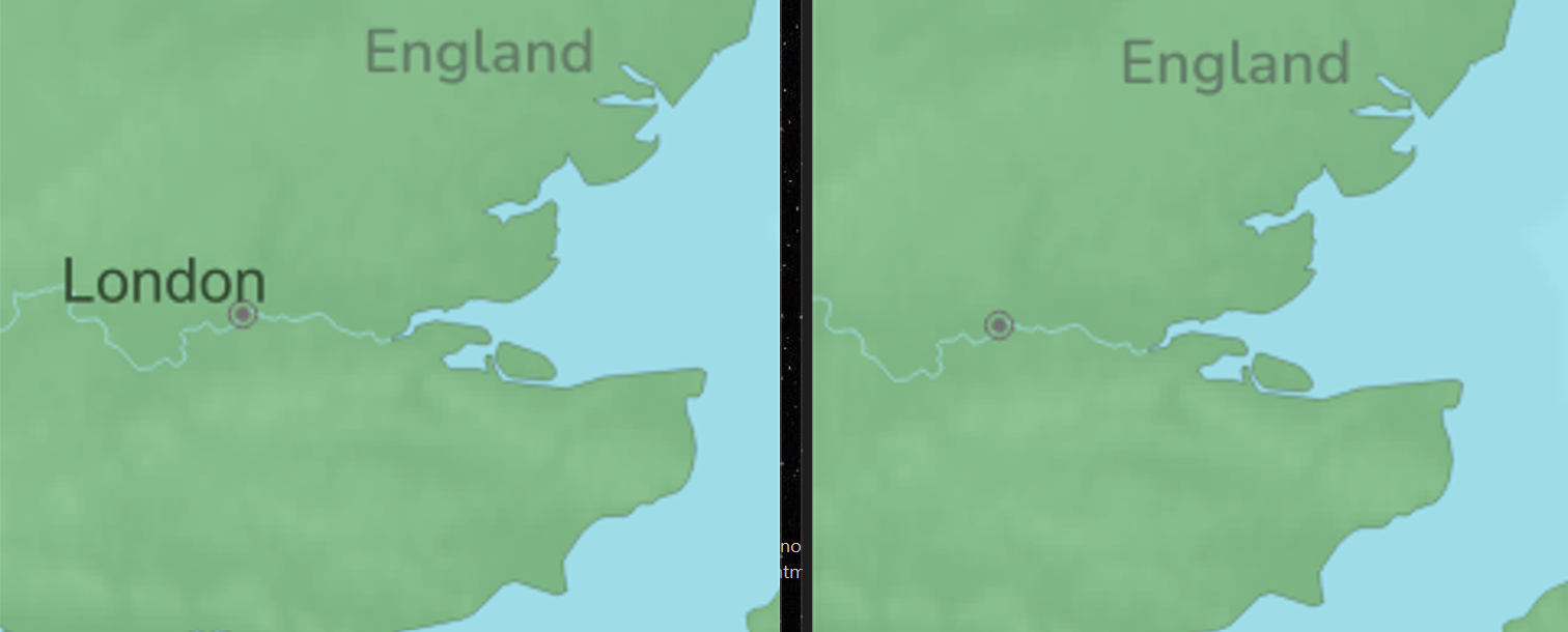 left: label placement set to "around point". Right: Label placement set to "offset from point"