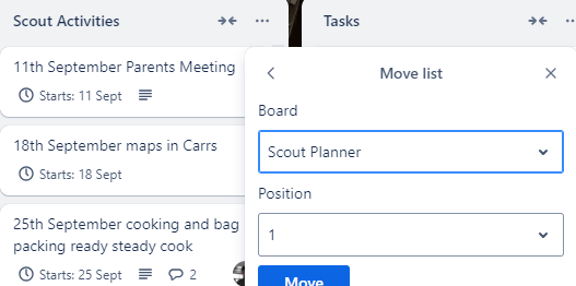 image of trello list actions, highlighting move list, showing this has the option to change the board