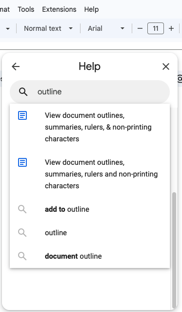 Google Docs Help > Help search dialog with outline word written in the search box