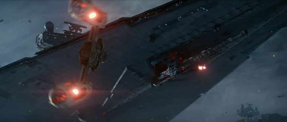 Screenshot of a Y-wing attacking a Star Destroyer in The Rise of Skywalker