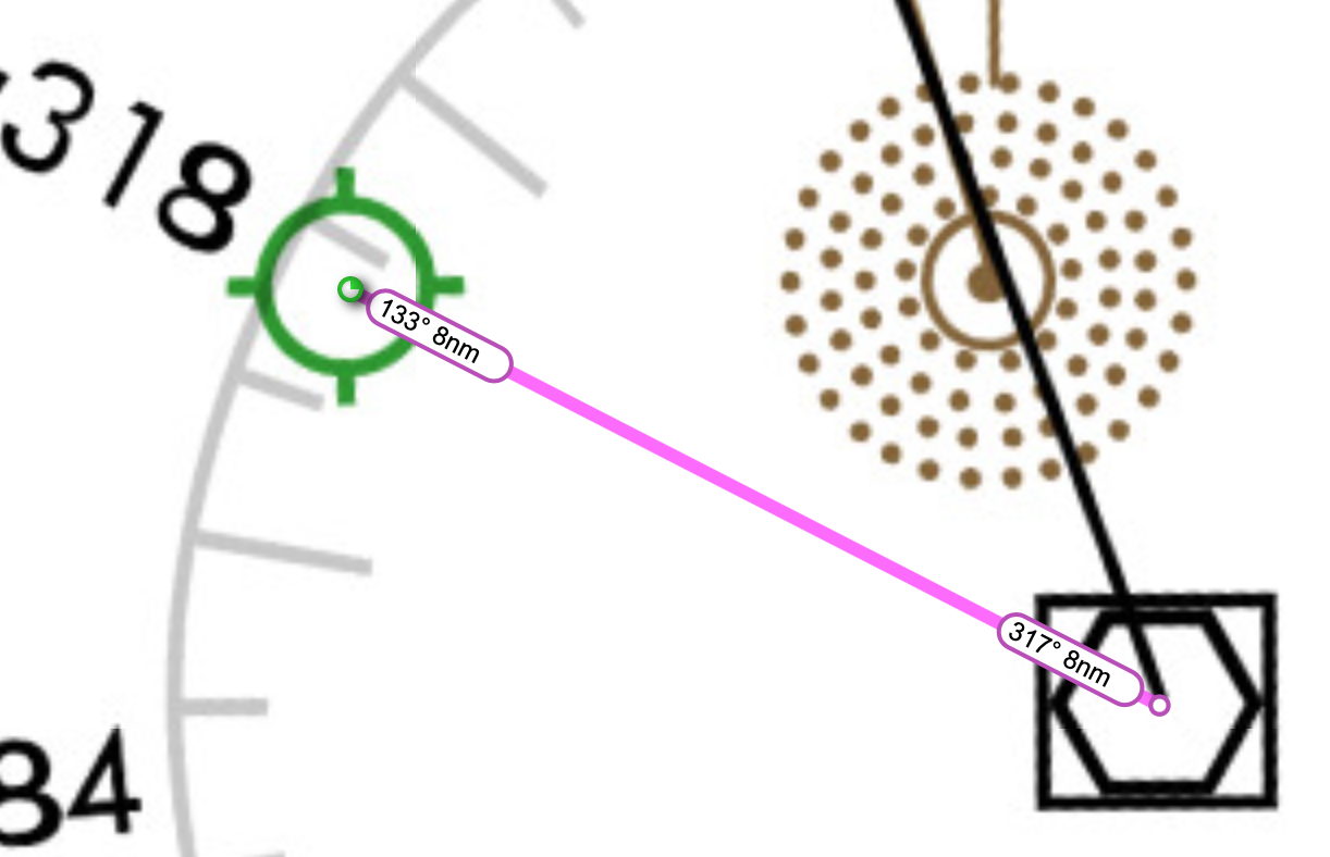 Screenshot of Skyvector showing the Enroute L-32 chart and a route (in magenta) going from Millinocket Airport to Millinocket VOR-DME and back. From the airport to the VOR is a label showing "133º 8NM" and from the VOR back to the airport is a label showing "317º 8NM."