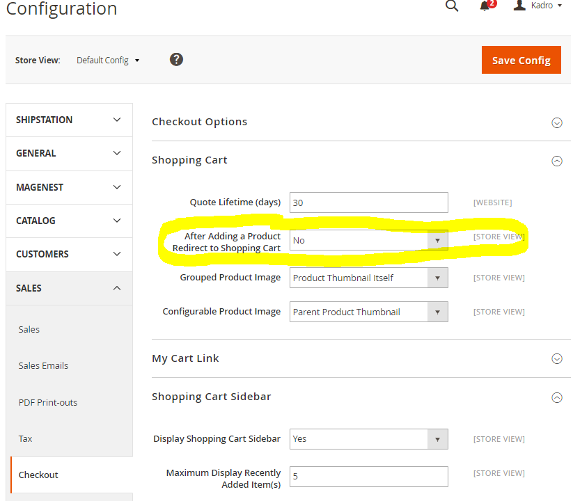 After Adding a Product Redirect to Shopping Cart, Stores Config Section