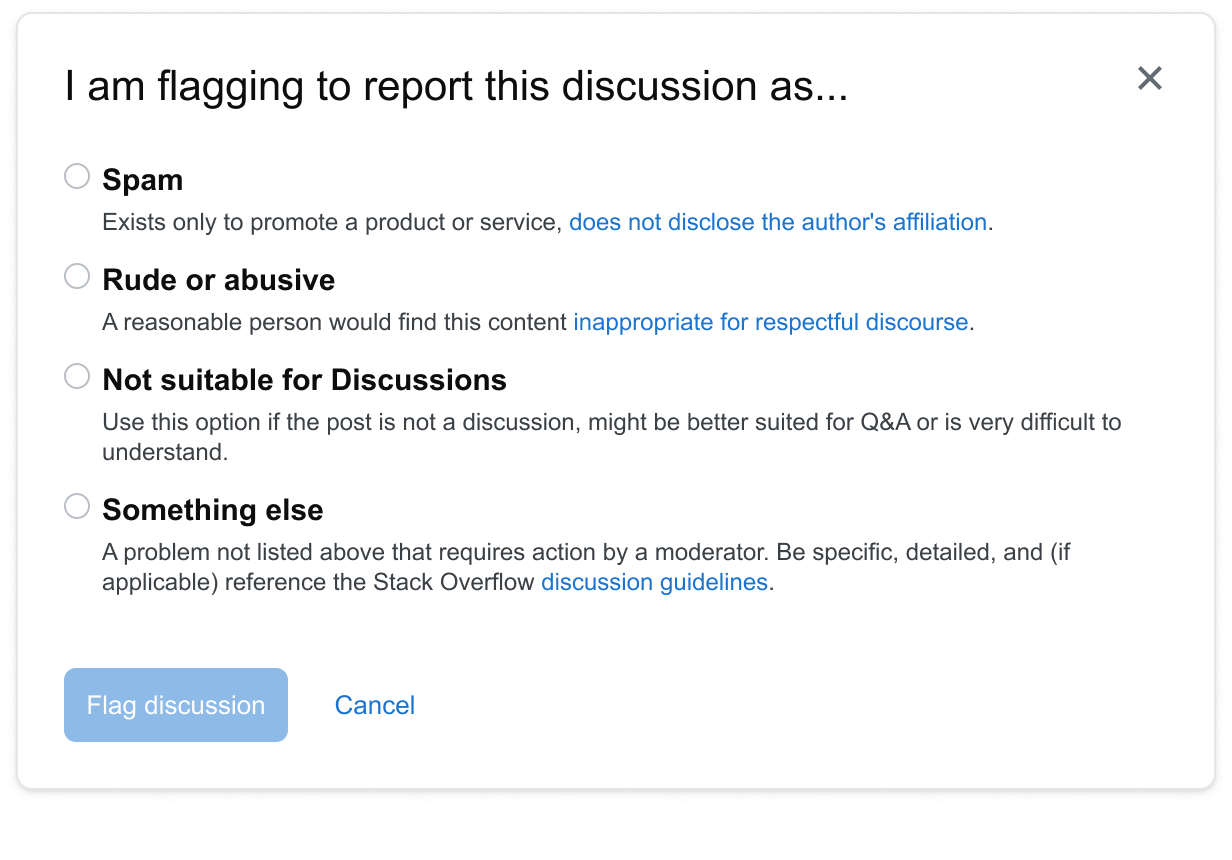 Updated Discussions flag modal with the "Not suitable for Discussions" flag reason