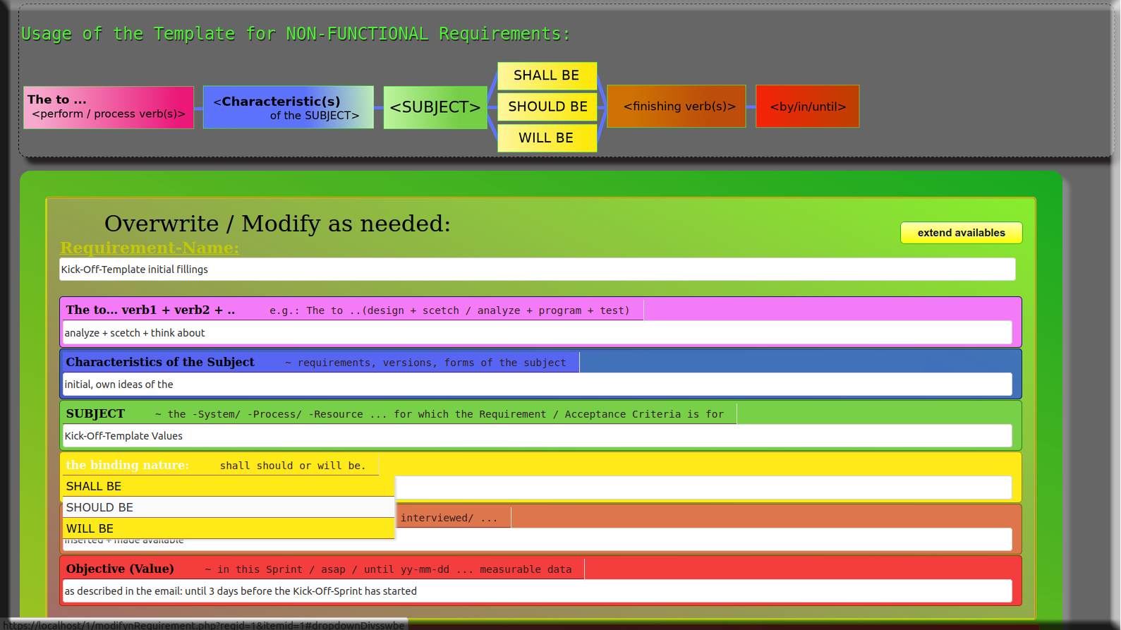 requirements template dropdown elements